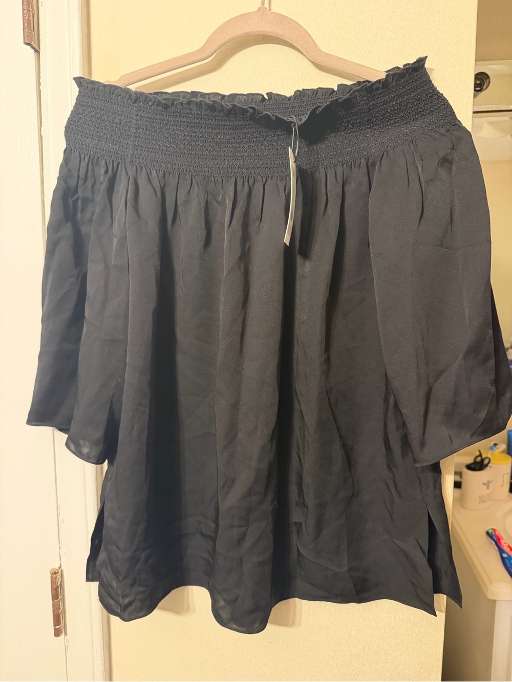 Theory Black Off-Shoulder Smocked Top Elistaire